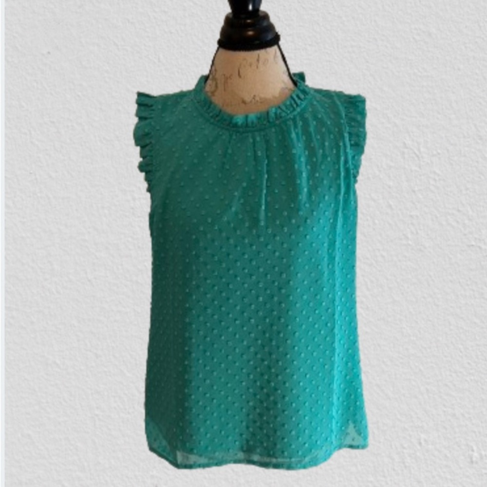J Crew Factory Sleeveless Ruffle Neck Top in Clip Dot Turquoise Size Medium